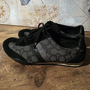 Coach Women's Kelson Signature C suede and leather sneakers in black and gray.